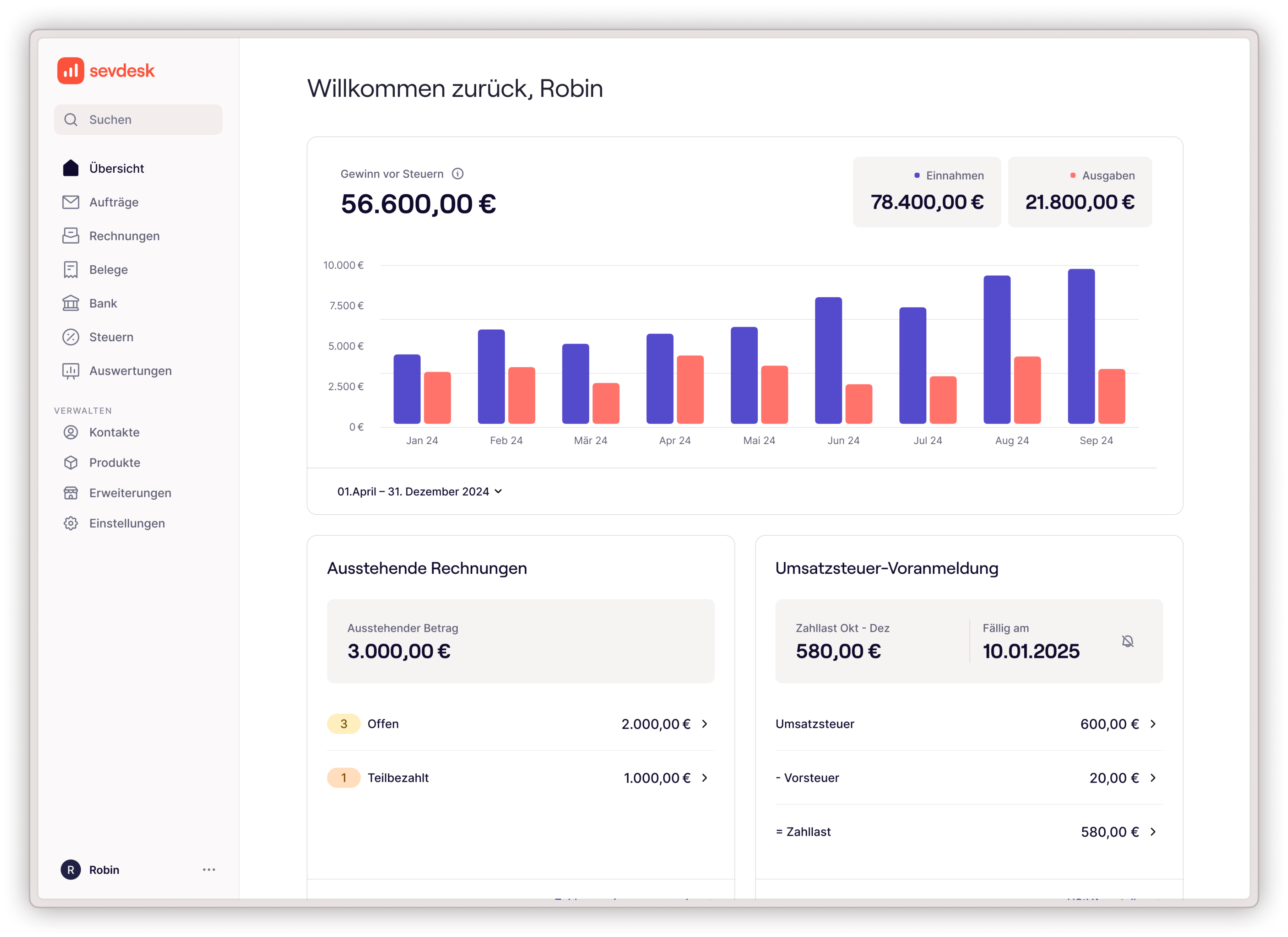 sevDesk Buchhaltungs-Dashboard mit Einnahmen, Ausgaben und Umsatzsteuer-Übersicht